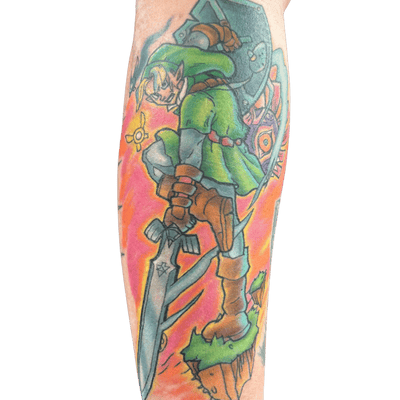 Anime gaming tattoo featuring Link from The Legend of Zelda in colorful realism style