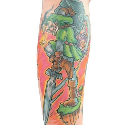 Anime gaming tattoo featuring Link from The Legend of Zelda in colorful realism style