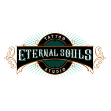 Eternal Souls Tattoo Studio logo featuring vintage scrollwork and turquoise rays, representing a custom tattoo shop in Corinth, Texas.