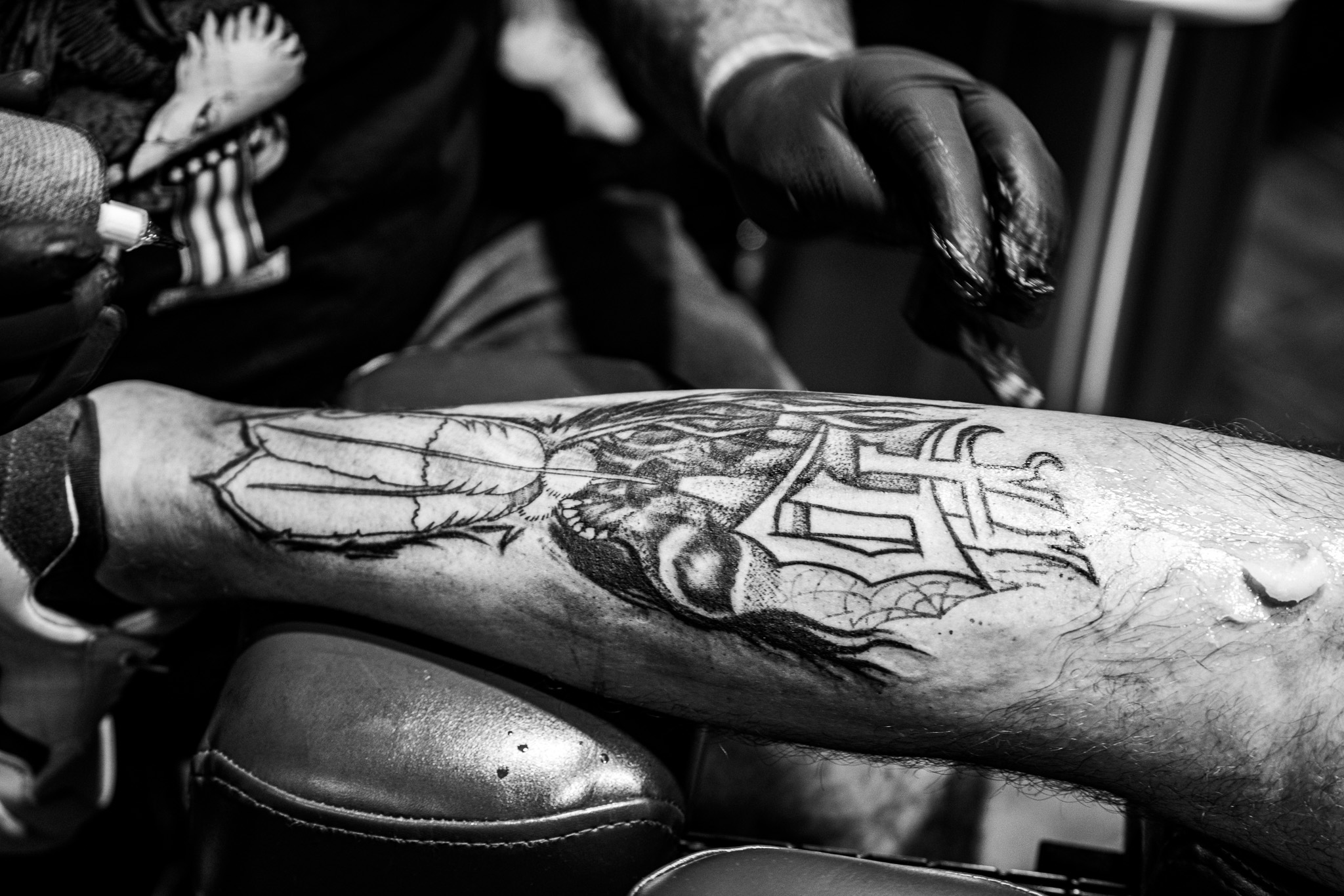 custom flaming skull tattoo by Eric Coe at Eternal Souls Tattoo Studio in Denton Texas